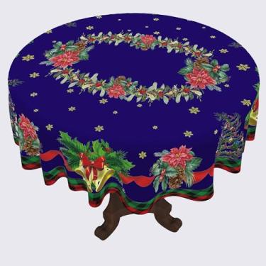 Imagem de SASTYBALE Toalha de mesa de Natal azul redonda de 152 cm - Poinsétia xadrez, lavável, à prova de derramamentos, capa resistente a rugas para jantar de Natal, férias de inverno e festas de ano novo