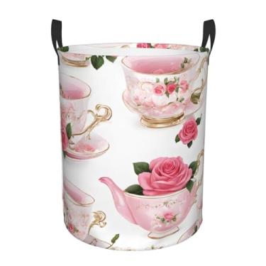 Imagem de Xícaras de chá com rosas românticas gastas - cesta de roupa redonda estampada - cesto de tecido de camada única com alças, Oxford resistente à água para organização de quarto e banheiro. Pequeno