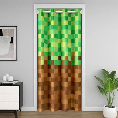Imagem de Manfei Cortina de entrada pixelada, cortina de porta de mineiros de videogame, decoração de quarto, cortinas de porta de grade geométrica, cortina blackout marrom verde 1 painel 86 cm L x 203 cm C