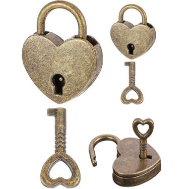Imagem de 2 peças mini cadeado antigo, cadeado em forma de coração com chave cadeado de metal bronze vintage para caixa de joias, diário, livro, bolsa, caixa de armazenamento mala