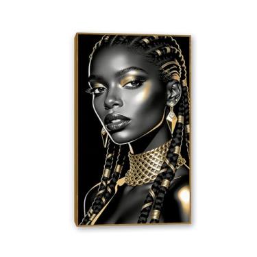 Imagem de SDYJ6GSW Arte de parede afro-americana elegante mulher negra minimalista decoração de parede abstrata arte preta pinturas em tela para sala de estar quarto escritório 40 x 70 cm (16 x 28 pol) cor teca