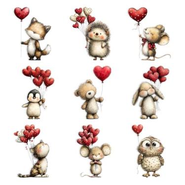 Imagem de 9 peças de enfeites de árvore para o dia dos namorados, romântico, fofo, animal, ouriço, pinguim, desenhos de balões em formato de coração, pingente de acrílico 2D para pendurar no dia dos namorados