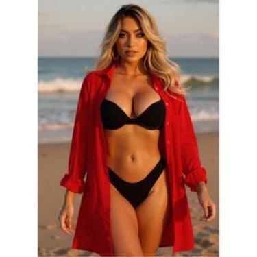 Imagem de Camisão Longo Saida de Praia Com Botões com Manga Longa e Bolso Frontal Chamise-Feminino