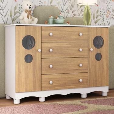 Imagem de Cômoda Infantil 125cm 2 Portas com Vidro e 4 Gavetas Suspiro Multimóveis Mp4460 Branco/madeirado