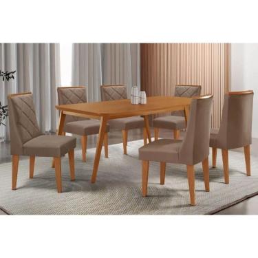 Imagem de Sala Jantar Mesa Havana Tampo Curvo 180cm+6 Cadeiras Pietá Madeira Naturale - Capuccino/Suede Capuccino - Rufato