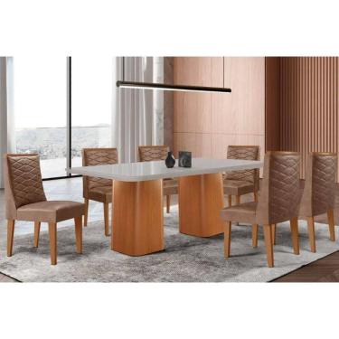 Imagem de Sala Jantar Mesa Maldivas Tampo c/ Vidro Curvo 180cm+6 Cadeiras Dafne Madeira Naturale/Off White - Capuccino/Corano Capuccino - Rufato