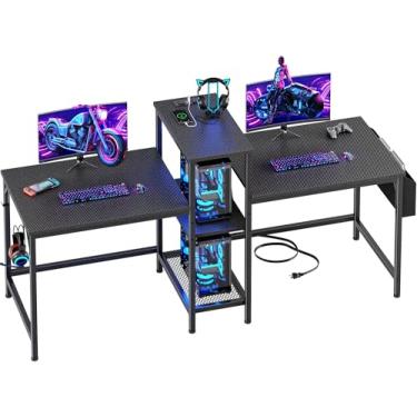 Imagem de Furologee Mesa dupla com tomadas, mesa de computador de 188 cm com bolsa de armazenamento e ganchos de fone de ouvido, mesa de estudo de jogos para escritório em casa, preta