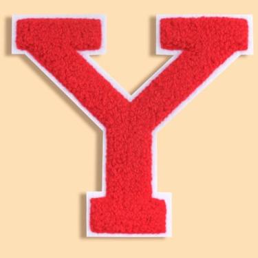 Imagem de QianSiLi Remendos de letras universitárias de chenille vermelho de 11 cm, letras grandes para jaquetas Letterman, moletons com capuz, mochilas, coletes, roupas, adesivos individuais de letra Y