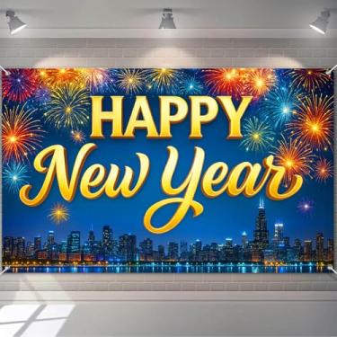 Imagem de HOMETITUTE Banner de Feliz Ano Novo 188 x 109 cm Fogos de artifício Cidade Horizonte Festa Decoração de Parede Ano Novo Foto Pano de Fundo para Contagem Regressiva Interior Celebração Feriado Evento