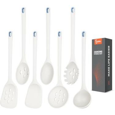 Imagem de Conjunto grande de 7 utensílios de silicone para cozinhar, sem arranhões para panelas antiaderentes, servidor de macarrão, colher de espaguete, espátula e colher sólida, escumadeira, concha de sopa