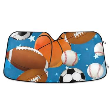 Imagem de Bolas de basquete esportivas personalizadas sombra de sol azul para para-brisa de carro engraçado retrátil dobrável para-brisa automotivo guarda-sol animal floral M, 139,7 cm x 70,1 cm