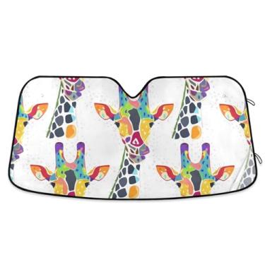 Imagem de Persiana de sol branca com estampa de girafa colorida personalizada para para-brisa de carro universal dobrável para-brisa frontal impressão animal automotivo L, 144,8 cm x 80 cm