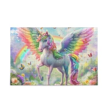 Imagem de Unicórnio colorido arco-íris com asas quebra-cabeça desafiador desafio desafio quebra-cabeça para adultos, tamanho final 75 x 50 cm