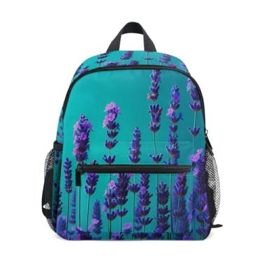 Imagem de GAIGEO Lavender on Teal Green Toddlers Backpack, 10x4x12 In, Backpack for School Girls Includes Water Bottle Pockets, Whistle Clip for Safety