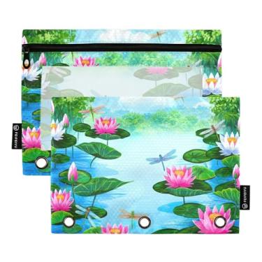 Imagem de GAIGEO Bolsa de lápis verde com flores de lótus rosa florida para 3 anéis, fichário com zíper, bolsas infantis escolares transparentes bolsos de giz de cera 25 cm x 18 cm, 2 pacotes