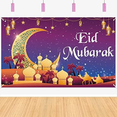 Imagem de Cenário fotográfico Eid Mubarak, decorações de festa Eid Mubarak, pano de fundo do Ramadã Mubarak para suprimentos de festa do Ramadã do Islã, faixa de fotos (1,8 x 1,1 m)