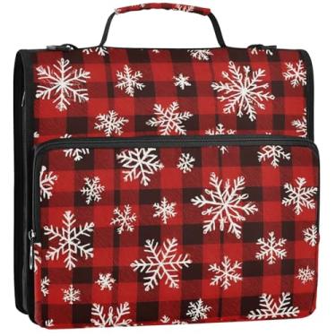 Imagem de 3 fichários de 3 anéis, anel D, vermelho, preto, buffalo, xadrez, flocos de neve, zíper, bolsa organizadora de fichários escolares com alça de ombro, grande estojo de armazenamento com alça, 34,5 x