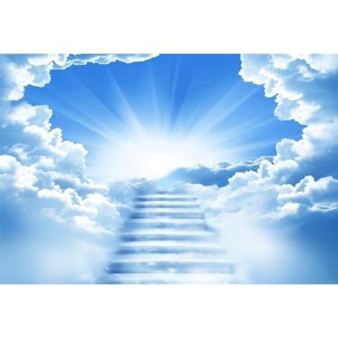 Imagem de Laeacco 6 x 3 m, cenário céu, escadas para o céu, paraíso, Deus abençoe, céu azul claro, nuvens brancas, fundo fotográfico, Páscoa, igreja, evento, decoração de festa, faixa de atividades cristãs