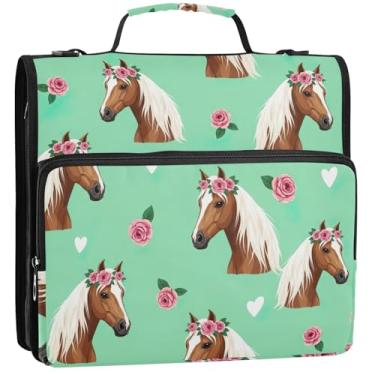 Imagem de Lindo organizador de fichários com zíper de 3 cm, 3 anéis, cavalos, crinas brancas, coroas de flores, pasta de portfólio de armazenamento com alça, bolsa de fichários escolares com alça de ombro, 34,5