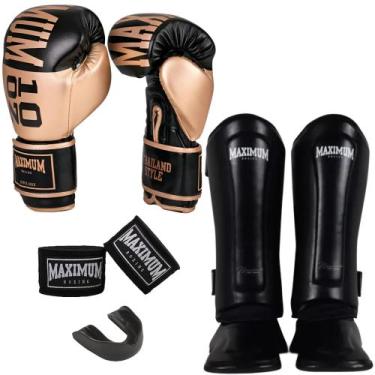 Imagem de Kit muay thai luva intermediária gold + caneleira classic black + band