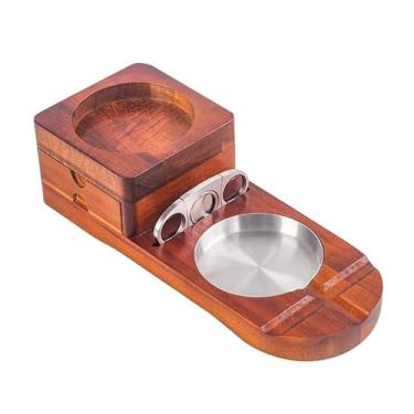 Imagem de JDIME Cinzeiro vintage de madeira para charuto, bandeja de vidro para uísque, gaveta de armazenamento multifuncional, cortador de aço inoxidável, presente masculino