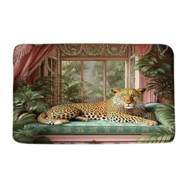 Imagem de Tapete de banho leopardo rosa vintage guepardo vida selvagem folhas de palmeira tropical selva animal pérola planta tigre estética moderna tapete de banho, tapete absorvente para banheiro, 45 x 75 cm