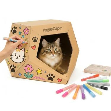 Imagem de Vagascape Casa de papelão para gatos faça você mesmo com 10 marcadores, arranhador de papelão criativo, casa de brinquedo de papel kraft lavável para gatos com almofada de arranhar, caverna de brincar