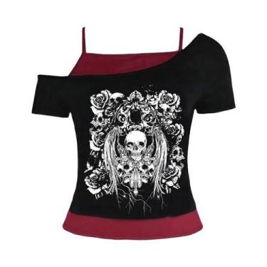 Imagem de Camiseta Feminina Retrô Gótica Estampada Ombro a Ombro Y2K Verão Stree