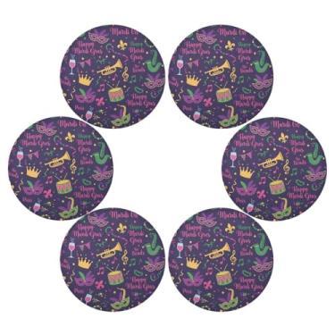 Imagem de Wassud Jogo americano conjunto de 6 tapetes de mesa redondos de festa feliz carnaval para cozinha e jantar tapetes laváveis resistentes ao calor decoração de mesa 39 cm