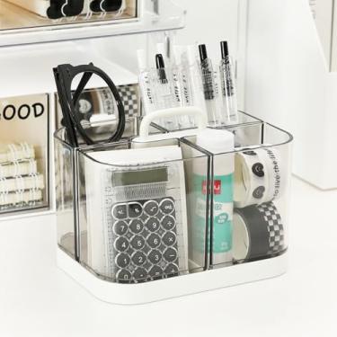 Imagem de Organizador empilhável de plástico pequeno com alça, suporte portátil de caneta de acrílico, 4 compartimentos, organizador de lápis transparente, divisórias removíveis para materiais de arte