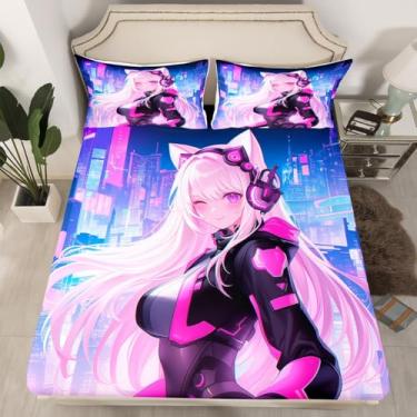Imagem de Erosebridal Jogo de lençol Queen com desenho kawaii de anime japonês com desenho animado de ficção científica, 3 peças, para quarto de crianças, meninas, adolescentes e adultos