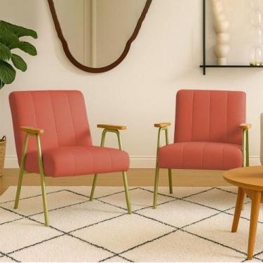 Imagem de Poltrona Sala Decorativa Industrial Dourado Kit 2 Laurita Linho K01 - 