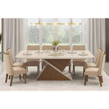 Imagem de Conjunto: Mesa Sala Jantar Zafira c/ Tampo Madeirado c/ Vidro 200x100cm e 8 Cadeiras Jade Freijo/Off White - Suede Kraft - DJ Móveis