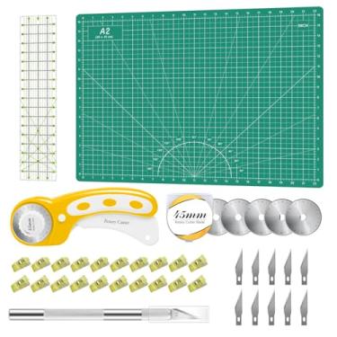 Imagem de Conjunto de cortadores rotativos verde – kit de acolchoamento, inclui cortador de tecido de 45 mm, 5 lâminas de substituição, tapete de corte A2, régua de estofamento de acrílico, clipes de costura