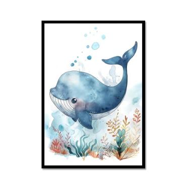 Imagem de Impressão de berçário de animais oceânicos desenho animado tartaruga marinha baleia pôster aquarela animais marinhos pintura em tela decoração de parede quarto infantil (SKU3,16x24") (40x60 cm