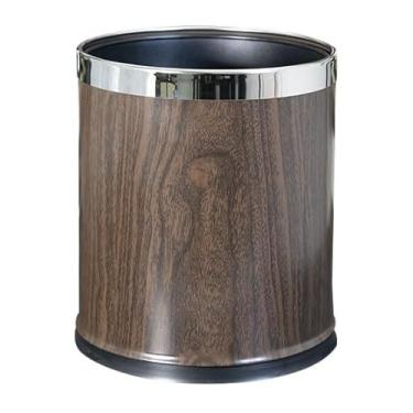 Imagem de Lixeira redonda de grão de madeira sem tampa, lata de lixo de topo aberto, lixeira de metal 10L/2,6 galões com balde de forro removível para sala de estar, quarto, lixeira de banheiro (marrom, 20 x 30