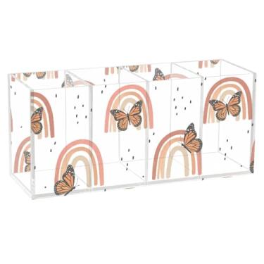 Imagem de Burbuja Porta-canetas de acrílico Rainbow Butterflies com 4 compartimentos, suporte de lápis transparente para pincéis de maquiagem, acessórios de mesa de escritório em casa
