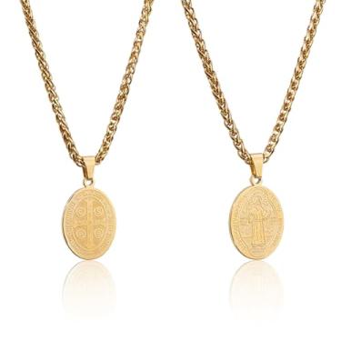 Imagem de DICOSMETIC 2 colares de medalha de São Bento Saint Michael Protect Us Colar com pingente de medalha religiosa de aço inoxidável, joia católica cristã, presente católico para homens e mulheres, Aço