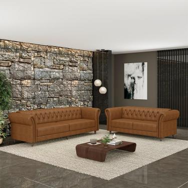Imagem de Conjunto de Sofá Sala de Estar Stanford Chesterfield 2 e 3 Lugares 180cm/260cm Pés Madeira Couro Mel Manchado G58 - Gran Belo