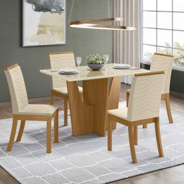 Imagem de Conjunto Jantar Tampo Mdf Canto Reto Vidro 120 Cm 04 Cadeiras Valentina Henn Nature Off White Linho