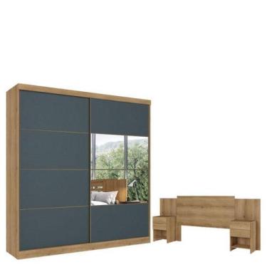 Imagem de Guarda Roupa Casal Malaga Glass 2 Portas Capuccino Azul E Cabeceira Co