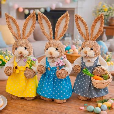 Imagem de Trio Boneco Coelho Coelhinho Palha Decorativo De Páscoa 33cm