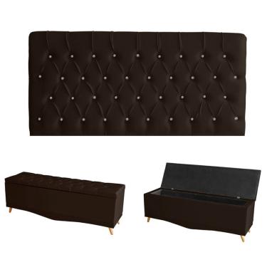 Imagem de Kit Estrela Cabeceira De Cama Painel E Calçadeira Baú Botão Cristal Queen 160 Cm Suede Marrom Do Lar Móveis E Decoração