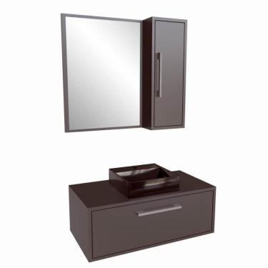 Imagem de Gabinete de 80cm Alice em Grafite com Espelheira Cuba Preta Em Mármore Sintético Armário Suspenso com 1 Porta