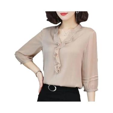 Imagem de Blusa Feminina Com Decote Em V E Acabamento Com Babados, Manga Três Qu