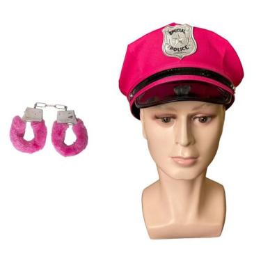 Imagem de Boina Policial Pink + Algemas Pelúcia Rosa Metal Adulto - 9021102E, ro