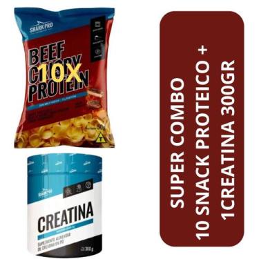 Imagem de Kit 10 snack proteico salgadinh + creatina 300g churrasco - SHARK PRO