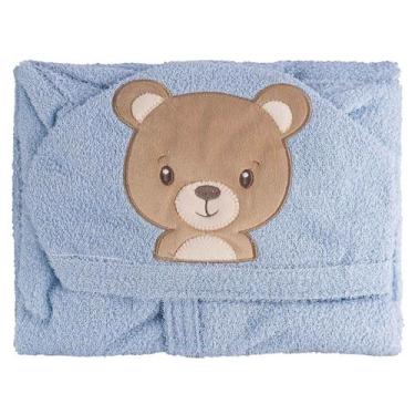 Imagem de Roupão de Felpa Soft Liso com Capuz Bordado PP - Baby Joy, Ursinho azu