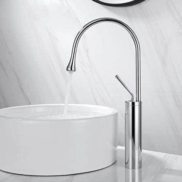 Imagem de Torneira de lavatório estilo gota escovado latão torneiras de banheiro quente frio misturador 360 torneiras giratórias em cascata arte guindaste, cromado alto