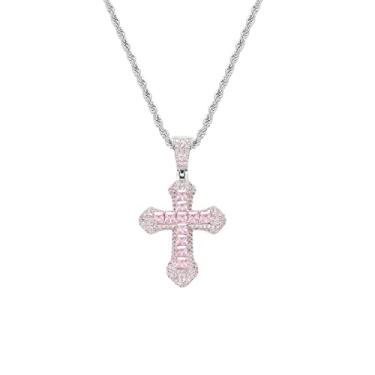 Imagem de CAIHANV Colar com pingente de cruz de zircão colorido para mulheres ou homens, colar de cruz de ouro branco diamante cheio de hip hop, 61 cm., Zircônia cúbica, Zircônia cúbica